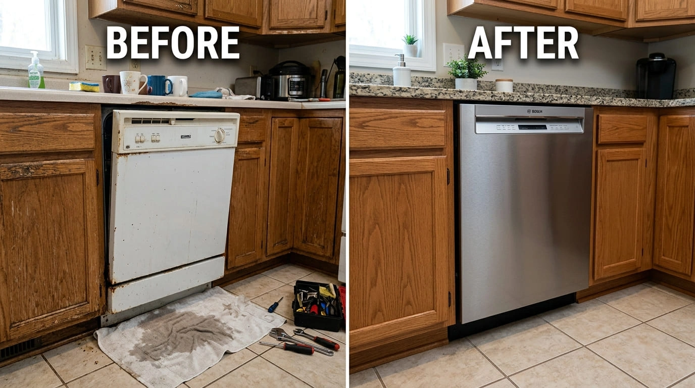 Dishwasher Repair and Replacement Before and After Results Center Arva Plumbers Arvada, CO