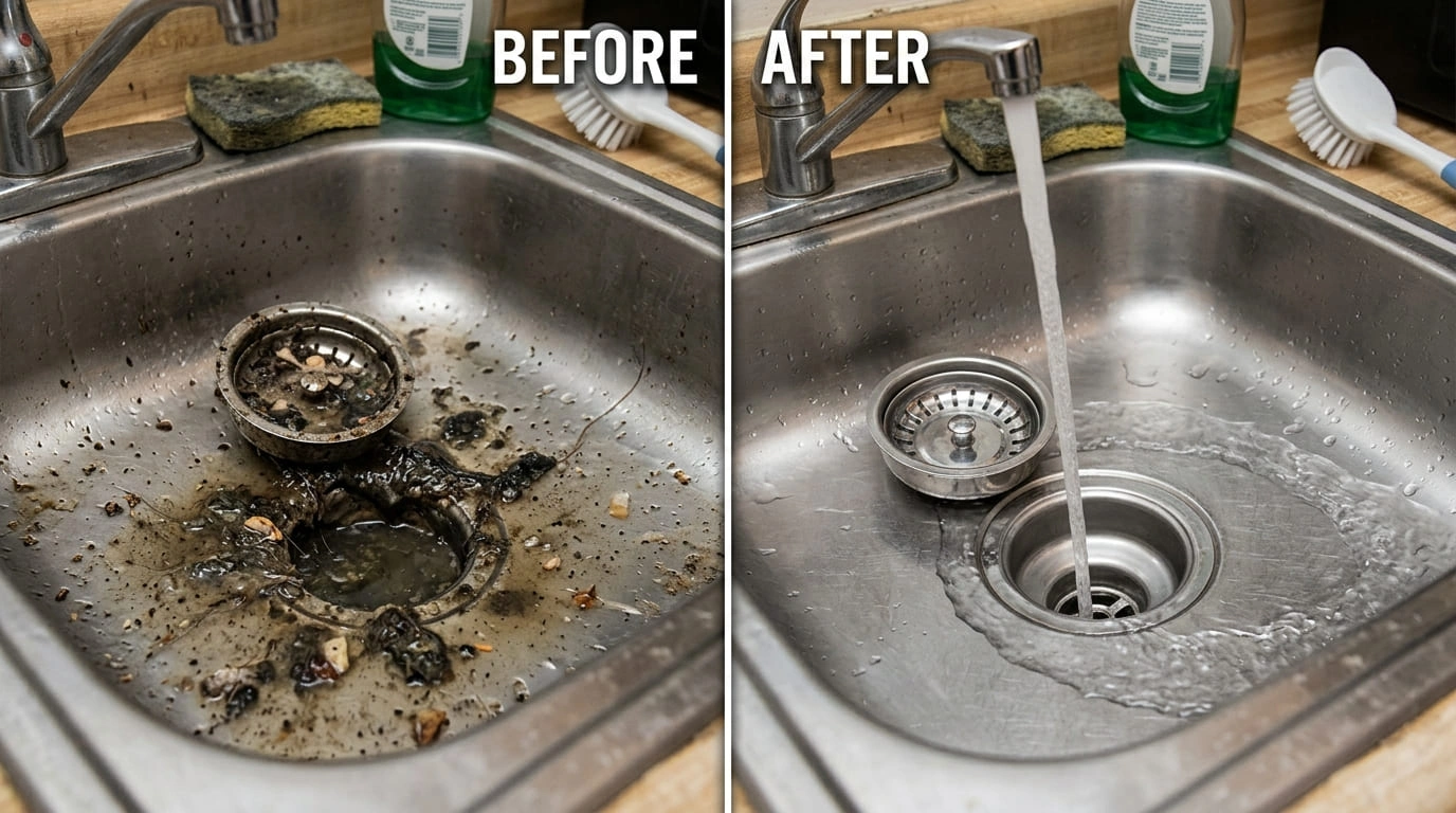 Drain cleaning service before and after showing pipe material differences in Arvada CO neighborhoods by Center Arva Plumbers