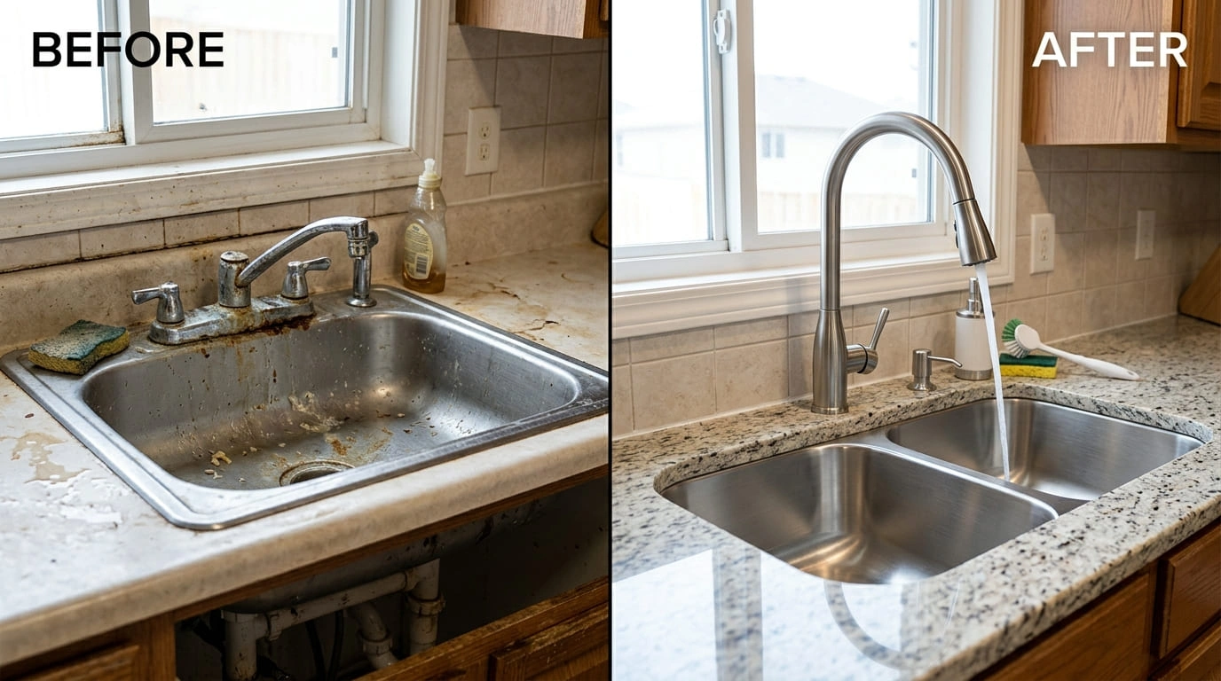 Faucets and sinks repair replacement before and after Arvada CO by Center Arva Plumbers