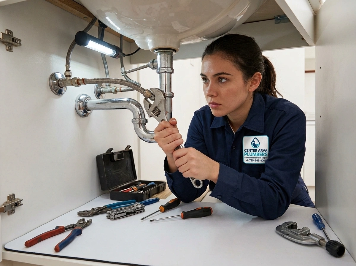 Female plumber repairing sink piping for emergency plumbing stop response in Arvada CO home by Center Arva Plumbers