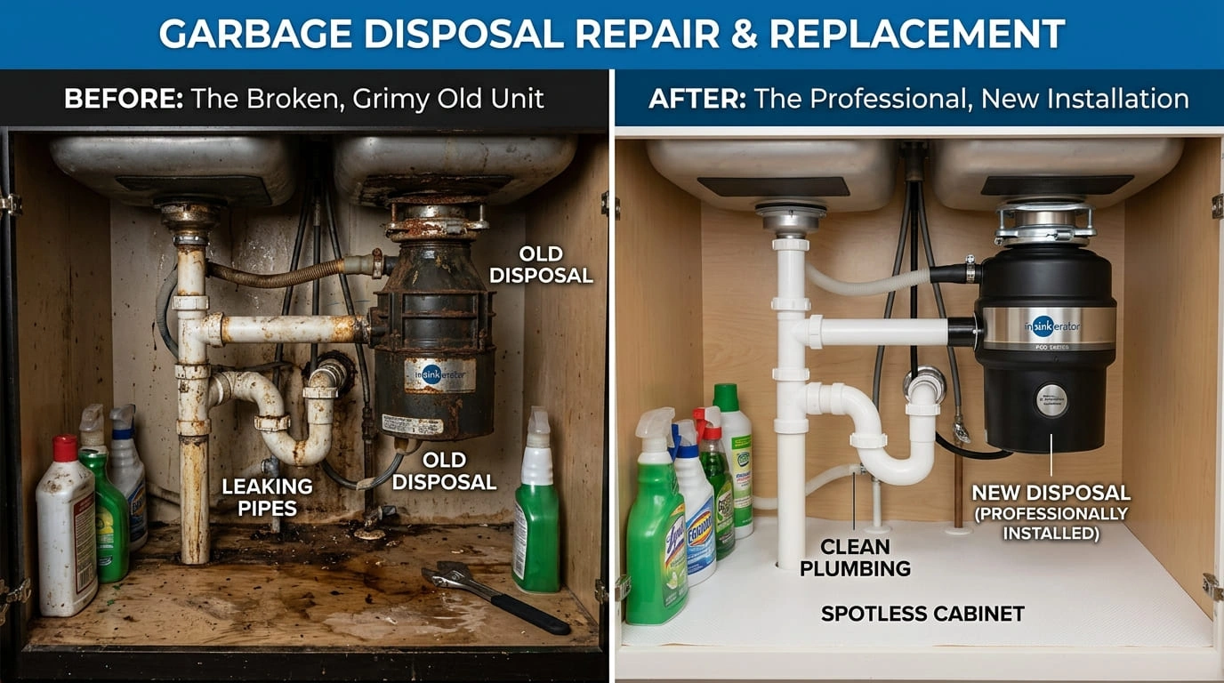Garbage disposal repair and replacement before and after Arvada CO by Center Arva Plumbers