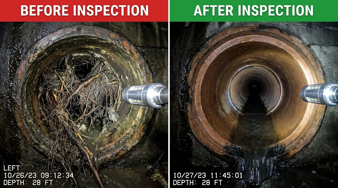 Sewer camera inspection before and after showing pipe material identification in Arvada CO mid-century home by Center Arva Plumbers