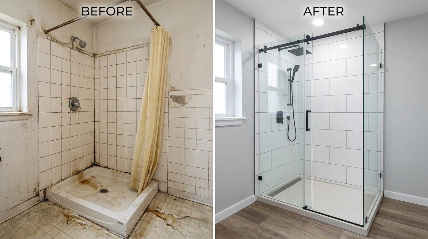 Shower repair and replacement before and after in Arvada CO by Center Arva Plumbers