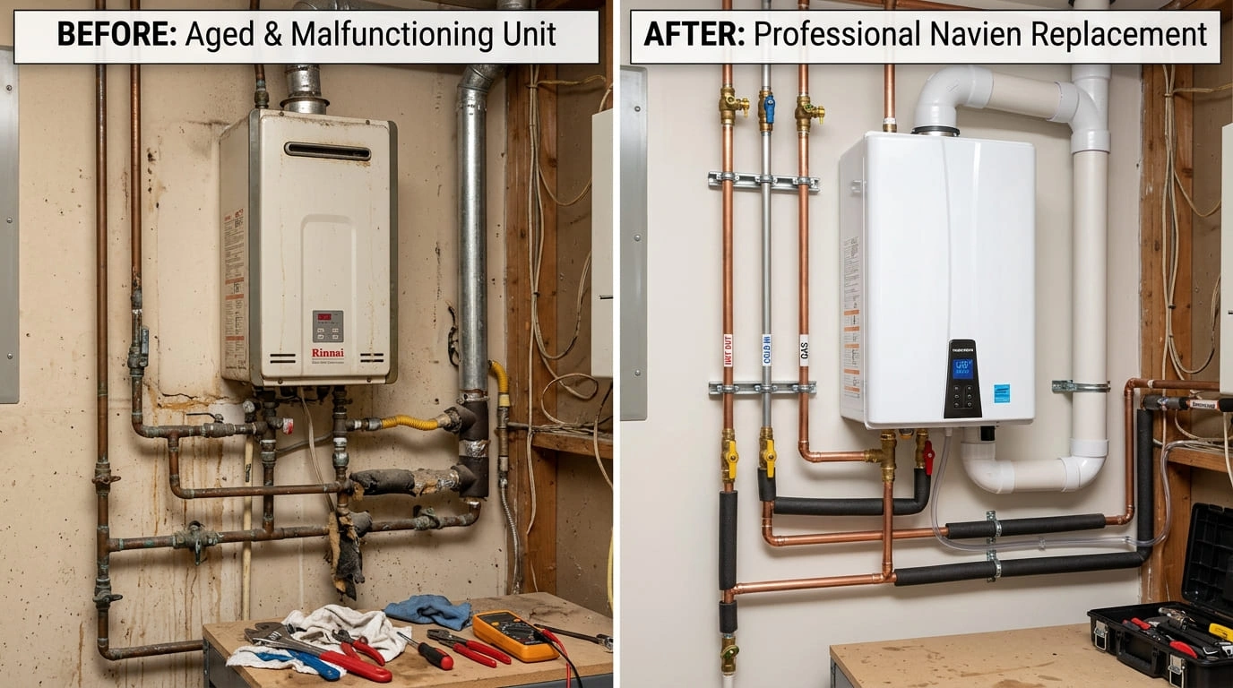 Tankless Water Heater Repair and Replacement Before and After Results Center Arva Plumbers Arvada, CO