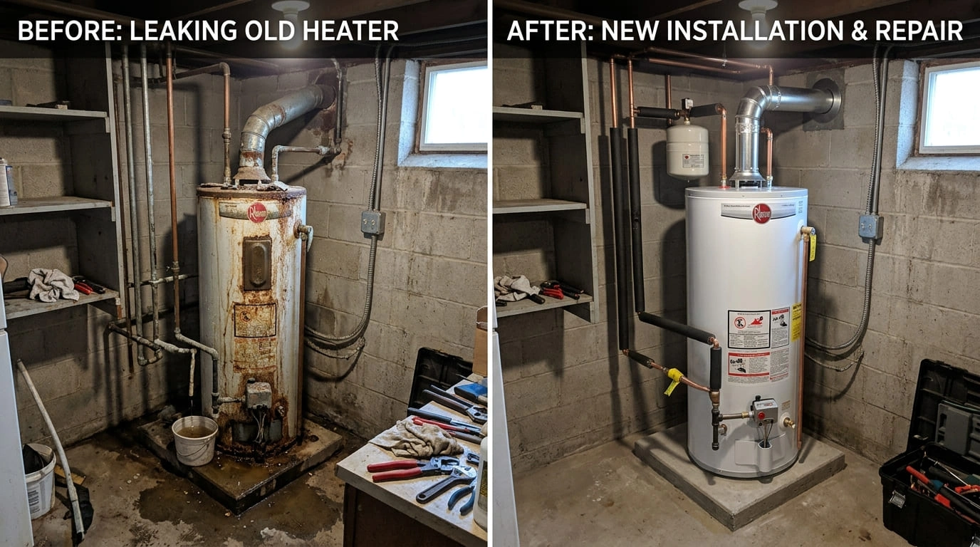 Water damage restoration and emergency plumbing repair before and after in an Arvada CO basement by Center Arva Plumbers