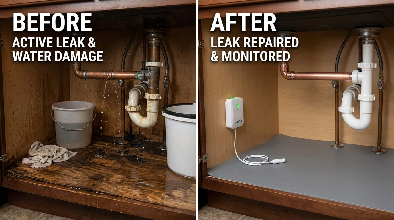 Water leak repair before and after by Center Arva Plumbers showing burst pipe damage in Arvada CO mid-century home